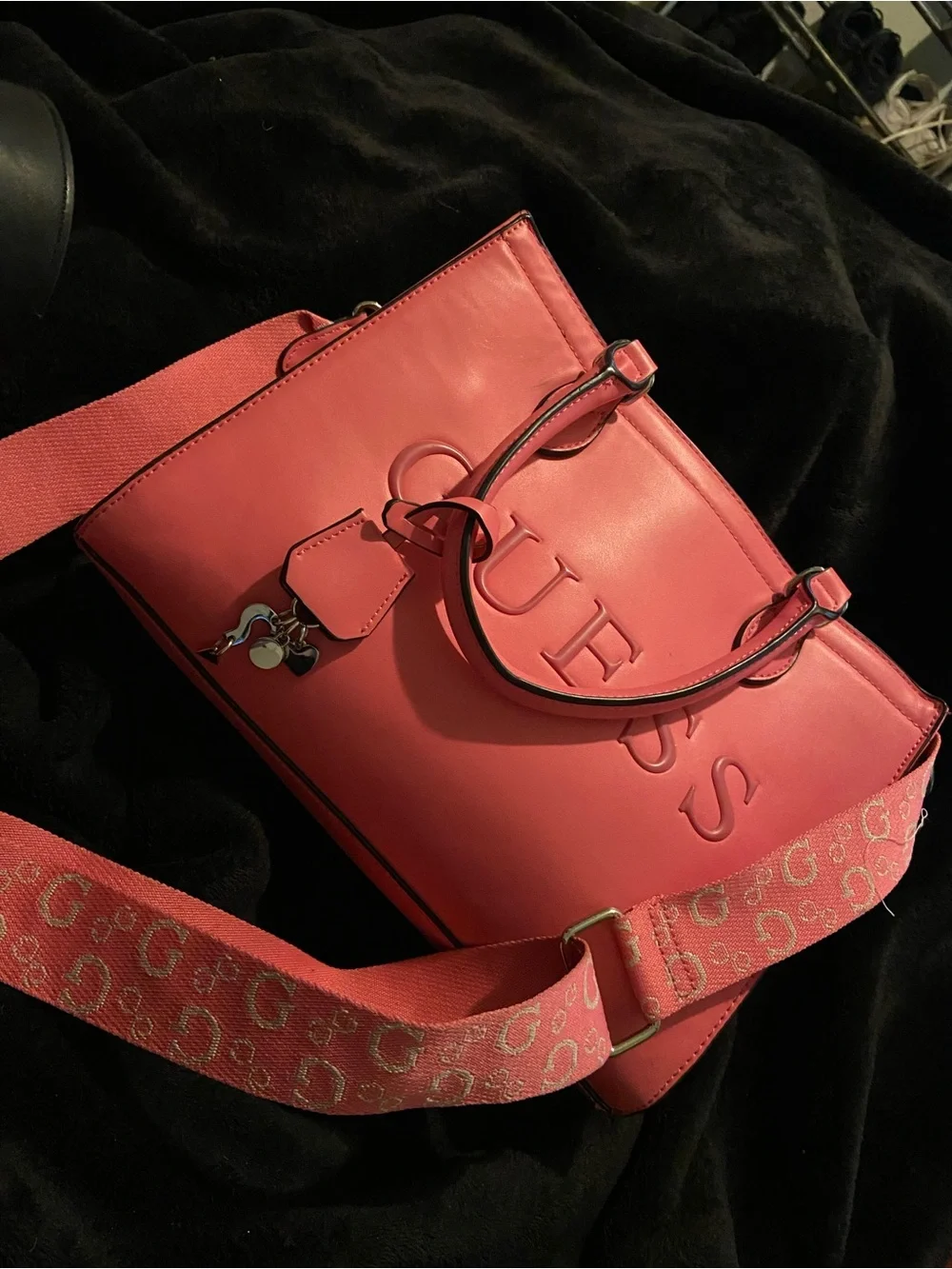 GUESS Coral Pink Embossed Logo Tote with Detachable Webbing Strap